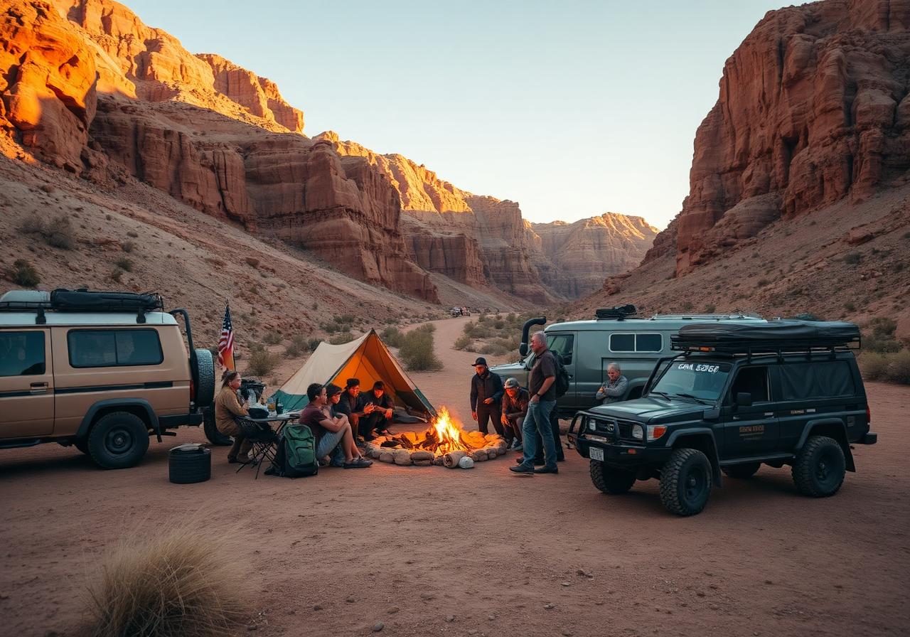Overland travelers at camp